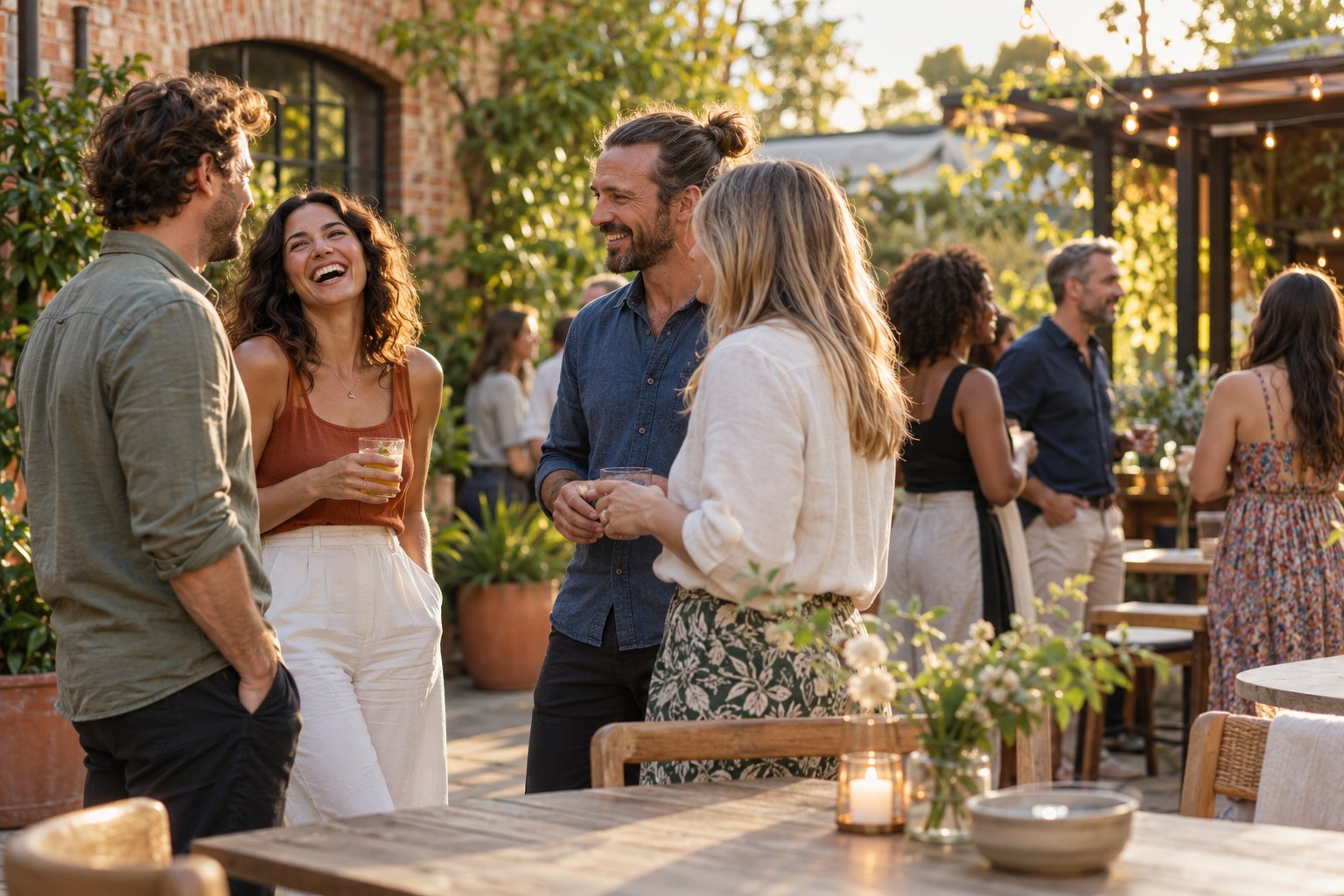 Guests laughing and connecting at a welcoming courtyard gathering