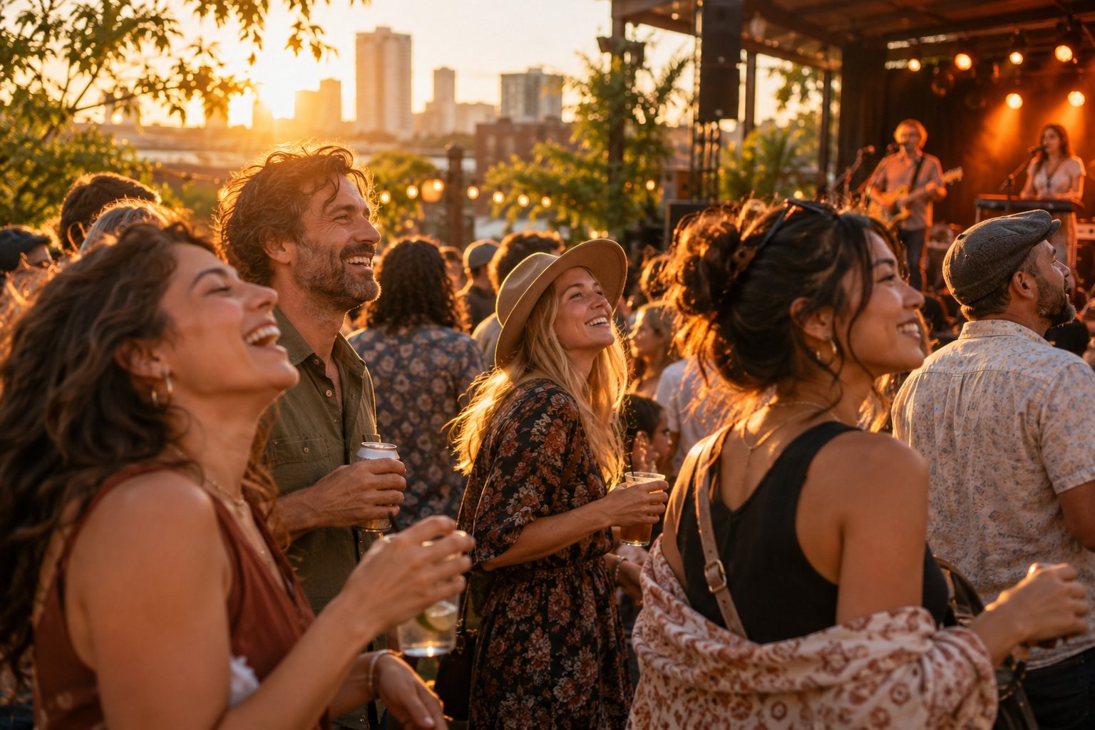 A crowd of friends enjoying live music together at sunset
